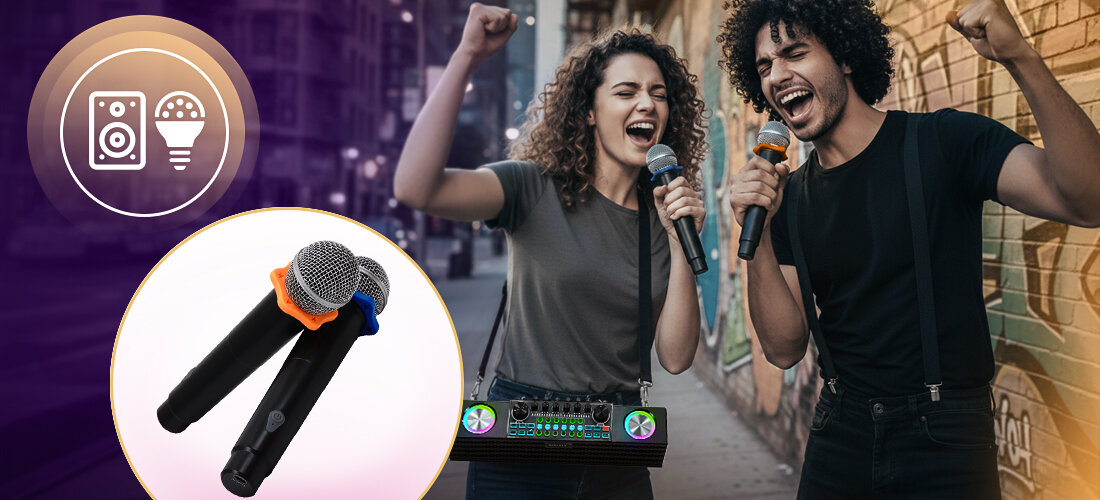 Zestaw do Karaoke i Streamingu MUSICMATE MM-SC500 SonicEdge mobilność bateria Bluetooth głośniki, osoby trzymające mikrofony w ręku