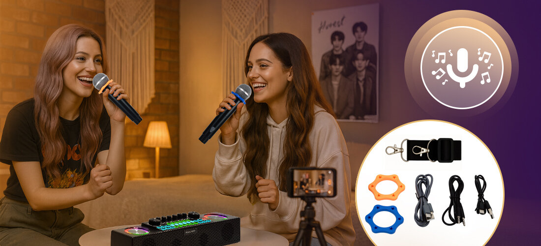 Zestaw do Karaoke i Streamingu MUSICMATE MM-SC500 SonicEdge wejścia mikrofonowe USB-C podświetlenie kontrola dźwięku, osoby trzymające mikrofony w ręku