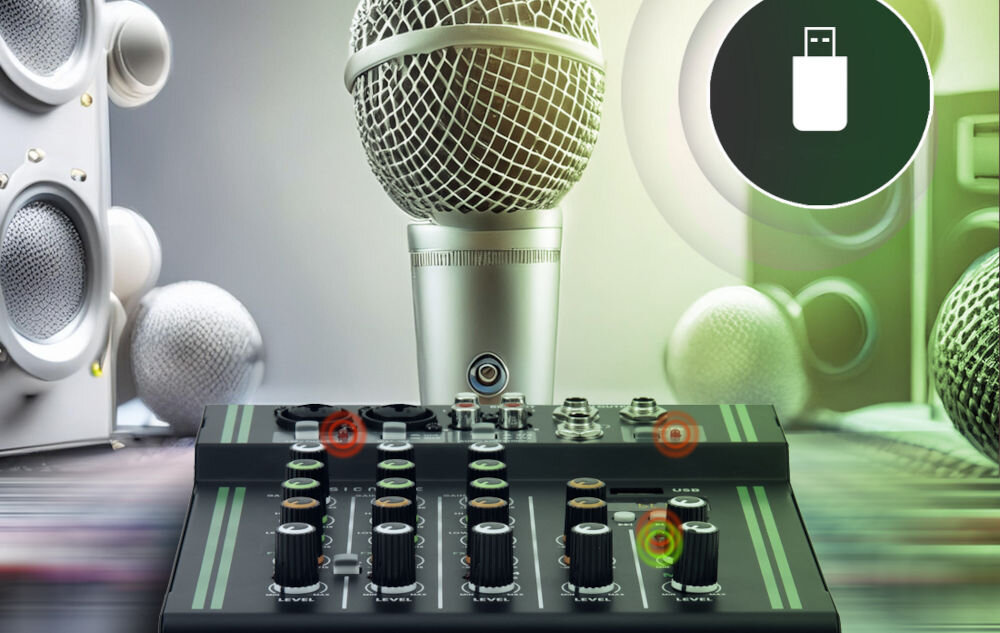 Mikser audio MUSICMATE MM-SM300 SpherePro wyświetlacz diody LED intuicyjna obsługa możliwość odtwarzania muzyki z pamięci USB-A z opcją sterowania