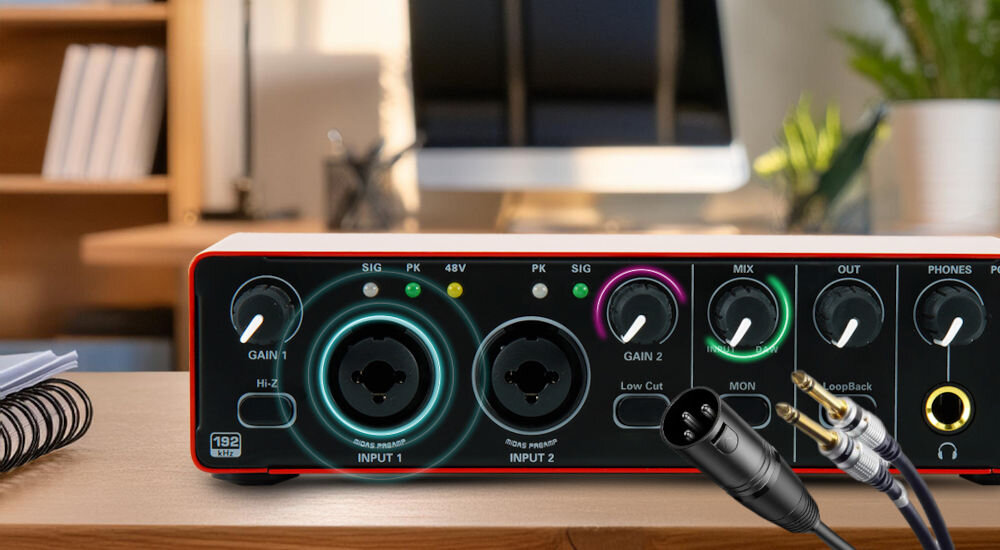 Interfejs Audio MUSICMATE MM-AI70 Gemini Smart wejścia MIC / LINE / XLR Regulacja GAIN oraz funkcja HI-Z możliwość dostosowania poziomu sygnału do specyficznych wymagań każdego instrumentu lub mikrofonu