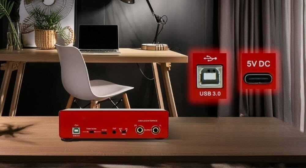 Interfejs Audio MUSICMATE MM-AI70 Gemini Smart gniazda wyjściowe Aux jack 3,5 mm LINE jack 6,3 mm L/R USB-B USB-C stabilne zasilanie szeroka kompatybilność