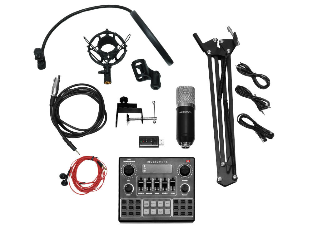 Zestaw do streamingu i karaoke MUSICMATE MM-SD130 StreamMaster, mikrofon pojemnościowy XLR, regulowane ramię mikrofonowe,
kabel mikrofonowy XLR - jack 6,3 mm, uchwyt antywstrząsowy, 2x kabel AUX (jack 6,3 mm / jack 6,3 mm), filtr pop, gąbka mikrofonowa, kabel USB-A / USB-C, uchwyt mikrofonowy, karta dźwiękowa 7.1 USB-A / 2x jack 3,5 mm,
słuchawki przewodowe jack 3,5 mm, mocowanie biurkowe
