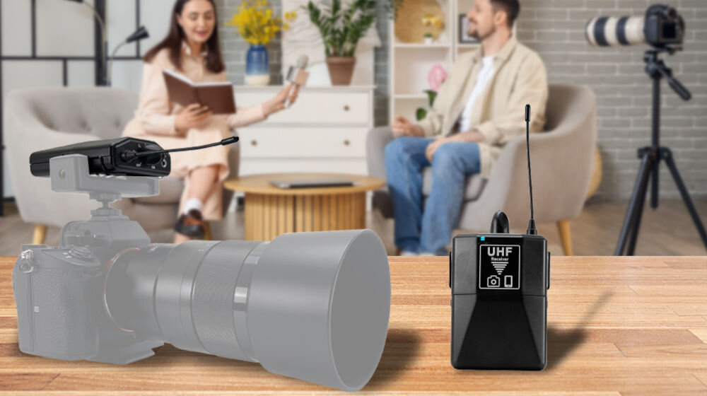 System bezprzewodowy MUSICMATE MM-150 EchoGlare wygodni klips piankowa osłona przewód jack 3,5 mm o długości 1,2 m wyposażony w uchwyt umożliwiający przymocowanie go do aparatu lub kamery