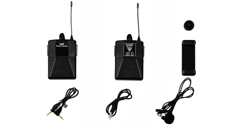 MUSICMATE MM-150 EchoGlare mikrofon jack 3,5 mm, nadajnik bezprzewodowy, odbiornik bezprzewodowy, 2x kabel AUX (jack 3,5 mm / jack 3,5 mm), uchwyt mocujący do kamer i aparatów fotograficznych