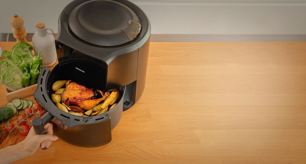 Frytkownica beztłuszczowa CECOTEC Cecofry Rain Air Fryer przygotowanie ulubionych potrawautomatyczny system poboru oleju precyzyjne kontrolowanie ilości tłuszczu 7 poziomów dozowanie oleju chrupiące smaczne dania znacznie mniej tłuste  