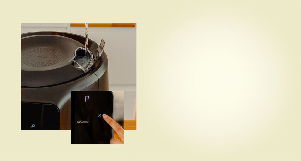 Frytkownica beztłuszczowa CECOTEC Cecofry Rain Air Fryer 8 trybów automatycznych różnorodne potrawy dostosowane do rodzajów jedzenia doskonałe rezultaty funkcja automatycznego czyszczenia łatwa konserwacja urządzenia napełnienie dozownika wodą uruchomienie trybu czyszczenia 