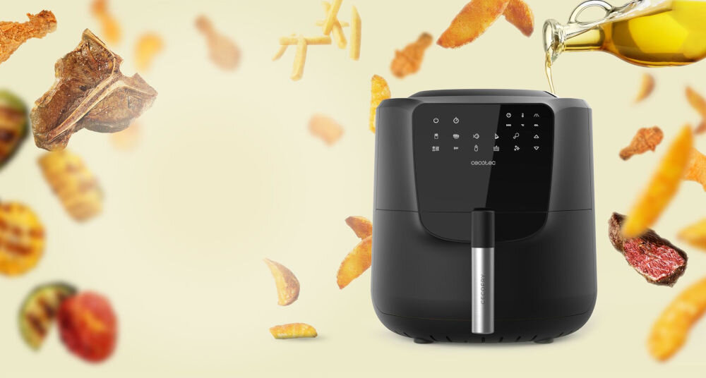 Frytkownica beztłuszczowa CECOTEC Cecofry Rain Air Fryer bezpieczeństwo użytkowania system ochrony przed poparzeniami zapobieganie nadmiernemu nagrzewaniu kompaktowa duża funkcjonalność elegancki czarno-srebrny kolor 