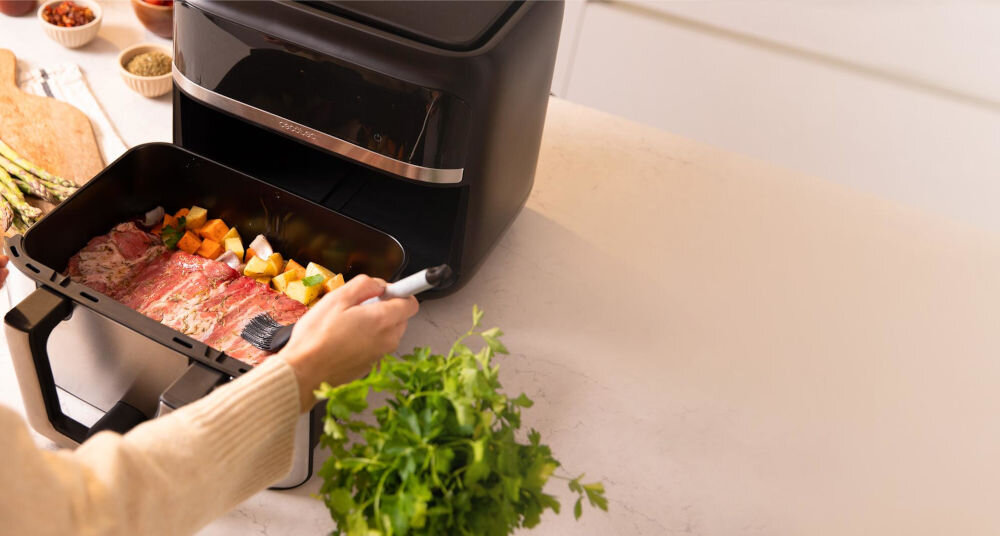 Frytkownica beztłuszczowa CECOTEC Cecofry Dual 9000 Air Fryer imponująca pojemność 9 litrów przygotowanie posiłków dla całej rodziny, grupy przyjaciół wygoda efektywność duża pojemność większa ilośc jedzenia w jednym cyklu oszczędność czasu energii komfort użytkowania 