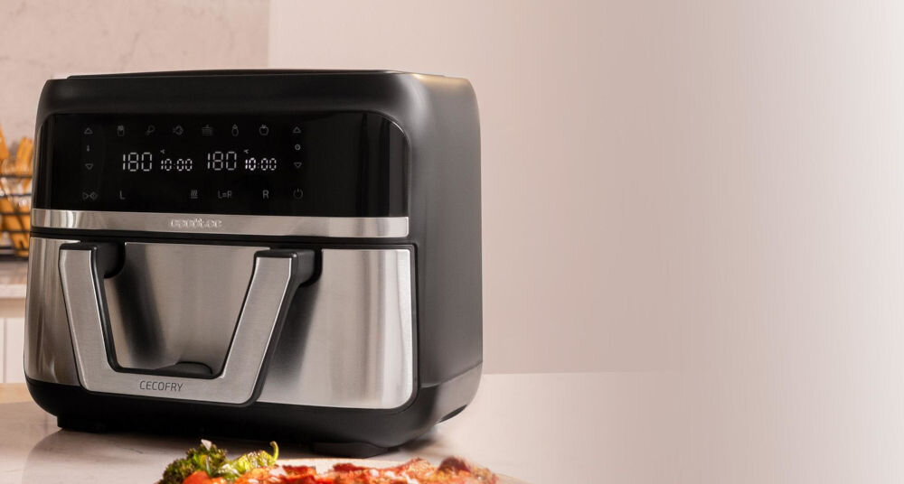 Frytkownica beztłuszczowa CECOTEC Cecofry Dual 9000 Air Fryer stal nierdzewna stylowy elegancki wygląd komponuje się z każdym wnętrzem elegancka czarno-szara kolorystyka regulowany czas pracy termostat precyzyjne dopasowanie procesu gotowania waga 7 kg wymiary funkcjonalna estetyczna 