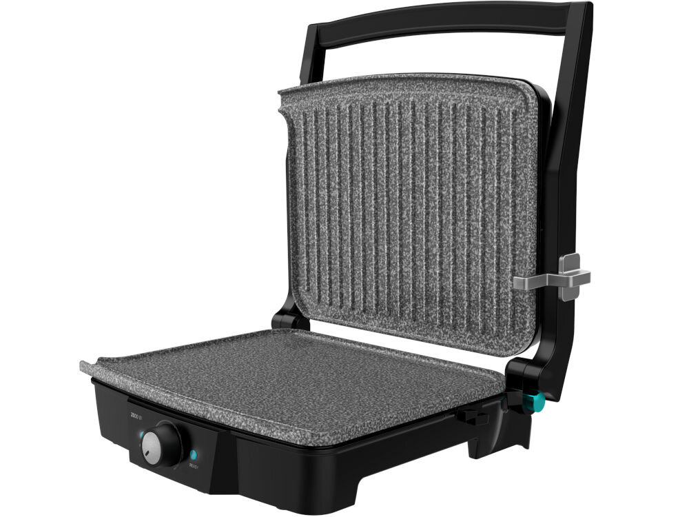 Grill elektryczny CECOTEC Rock'nGrill 2000 Stone Ceramic Mix&Grill dwie niezalezne płyty karbowana płyta grillowa płaska patelnia kontrukcja róznorodne potrawy soczyste steki delikatne nalesniki ruchoma płyta górna dostosowanie do objętości dociska większe mniejszepotrawy równomierne smażenie 