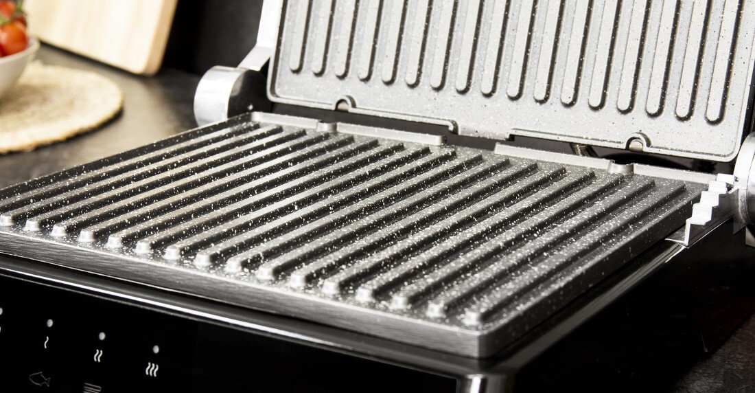 Grill elektryczny CECOTEC Rock'nGrill 2000 Smart Czarny nieprzywierająca powłoka kamienna dostosowanie parametry działanie Funkcja AutoCook 