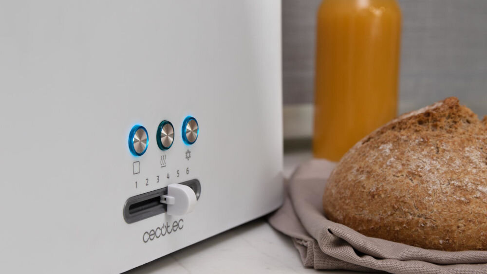 Toster CECOTEC Toast&Taste 9000 Double Biały zestaw przydatnych programów opiekanie rozmrażanie sześć poziomów opiekania precyzyjne dostosowanie stopnia przypieczenia idealnie dopasowane pieczywo lekko przypieczone mocno chrupiące