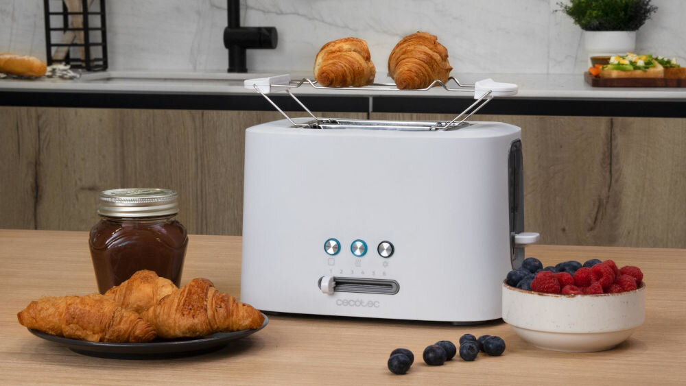 Toster CECOTEC Toast&Taste 9000 Double Biały przydatna funkcja dodatkowy system podgrzewania rozkładany pręt podgrzewanie bułek rogalików innych wypieków funkcjonalność wszechstronny przygotowanie różnorodnych przekąsek i dodatków do posiłków