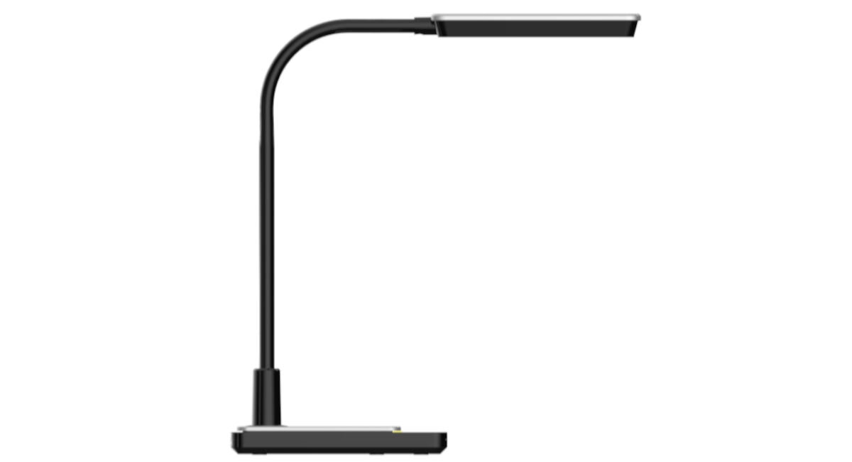 Lampka biurkowa MAXCOM Porto ML3100 czarna, Regulacja światła, intensywność, Lampka stoi pionow prawym bokiem na czarnym tle