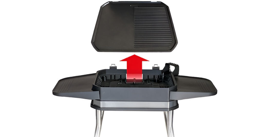 Grill elektryczny UNOLD 58585 Jimmy czarny grill czerwona strzałka płyta grillowa dwie powierzchnie gładka karbowana białe tło Duża płyta grillowa o wymiarach 40 x 35 cm gładka i karbowana powierzchnia wyjmowana nieprzywierająca odpływ tłuszczu tacka zbieranie nadmiaru tłuszczu wygodne zdrowe grillowanie możliwość mycia w zmywarce oszczędność czasu ułatwienie utrzymania porządku