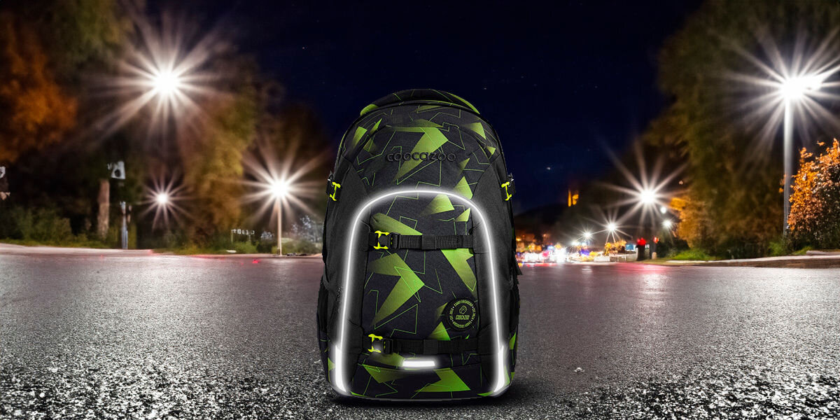 PLECAK COOCAZOO 2.0 JOKER LIME FLASH odblaski ORALITE widoczność po zmroku miejsce na lampkę LED