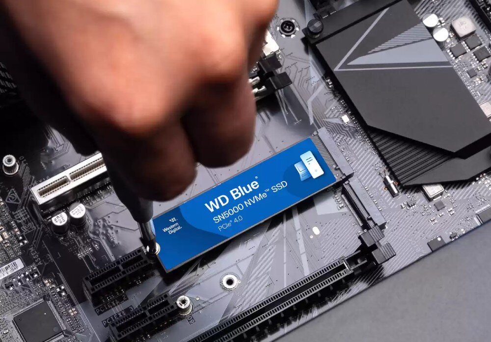 Dysk SANDISK WD Blue SN5000 Osoba przykręca śrubokrętem podłużny moduł pamięci z niebieską etykietą do czarnego laminatu płyty głównej