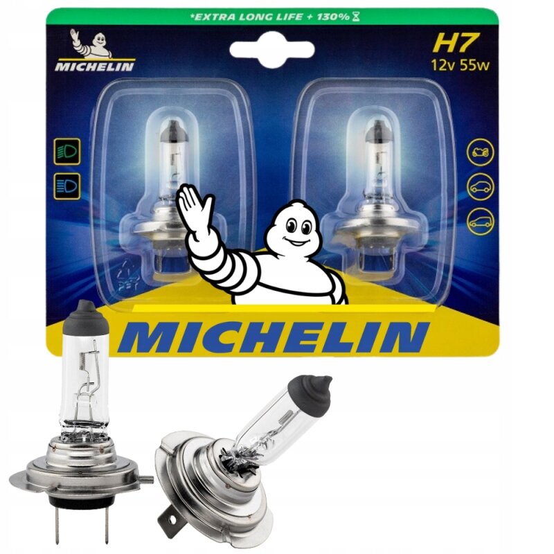 Opakowanie dwóch żarówek samochodowych H7 12V 55W marki Michelin z napisem \'EXTRA LONG LIFE +130%\'. Widoczne logo Michelin oraz postać z opon na tle niebiesko-żółtym.