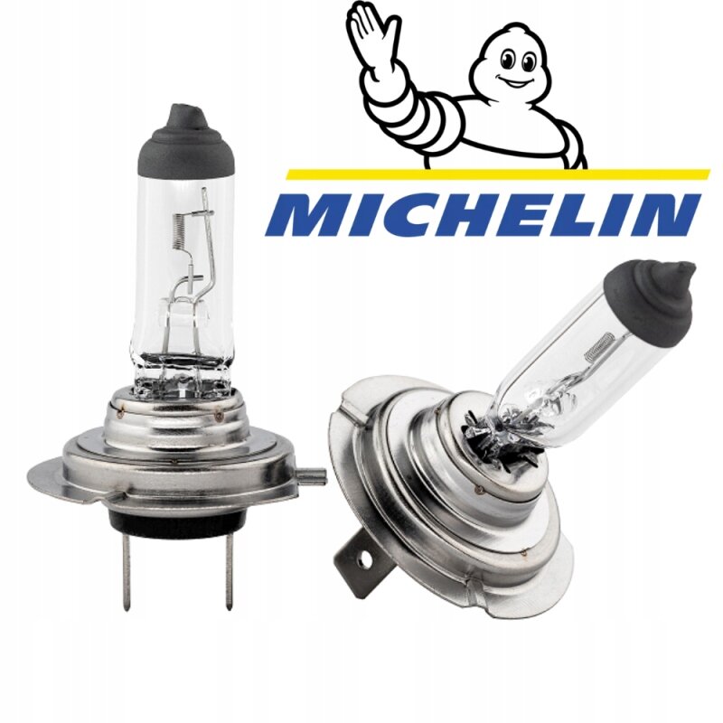 Dwie żarówki samochodowe z metalową podstawą i szklanym korpusem, obok logo Michelin z postacią w białym stroju na żółtym tle.