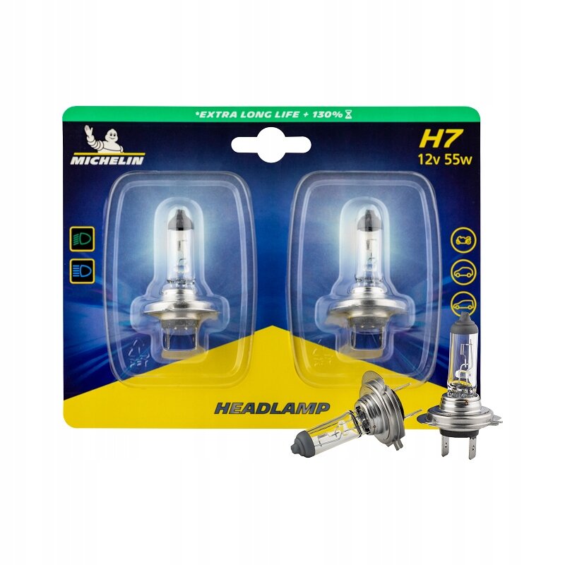 Opakowanie dwóch żarówek samochodowych H7 12V 55W marki Michelin z napisem \'EXTRA LONG LIFE +130%\'. Widoczne są symbole reflektorów i pojazdów oraz napis \'HEADLAMP\'.