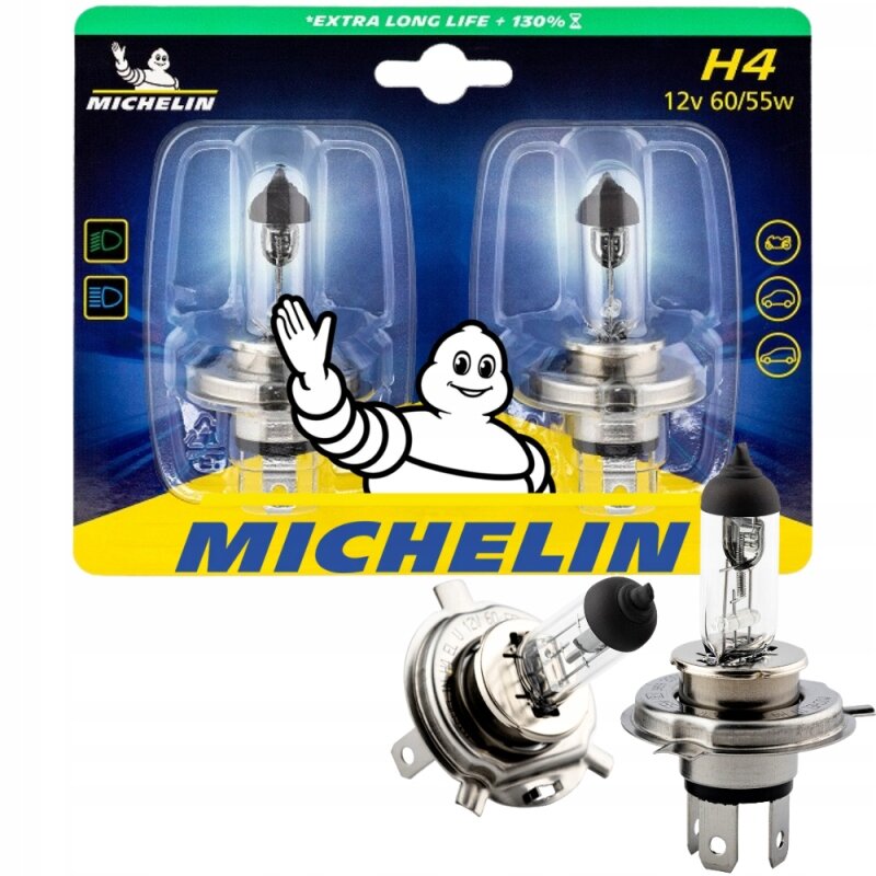 Opakowanie dwóch żarówek samochodowych Michelin H4 12V 60/55W z napisem \'EXTRA LONG LIFE +130%\'. Widoczne logo Michelin oraz postać maskotki na tle niebiesko-żółtym.