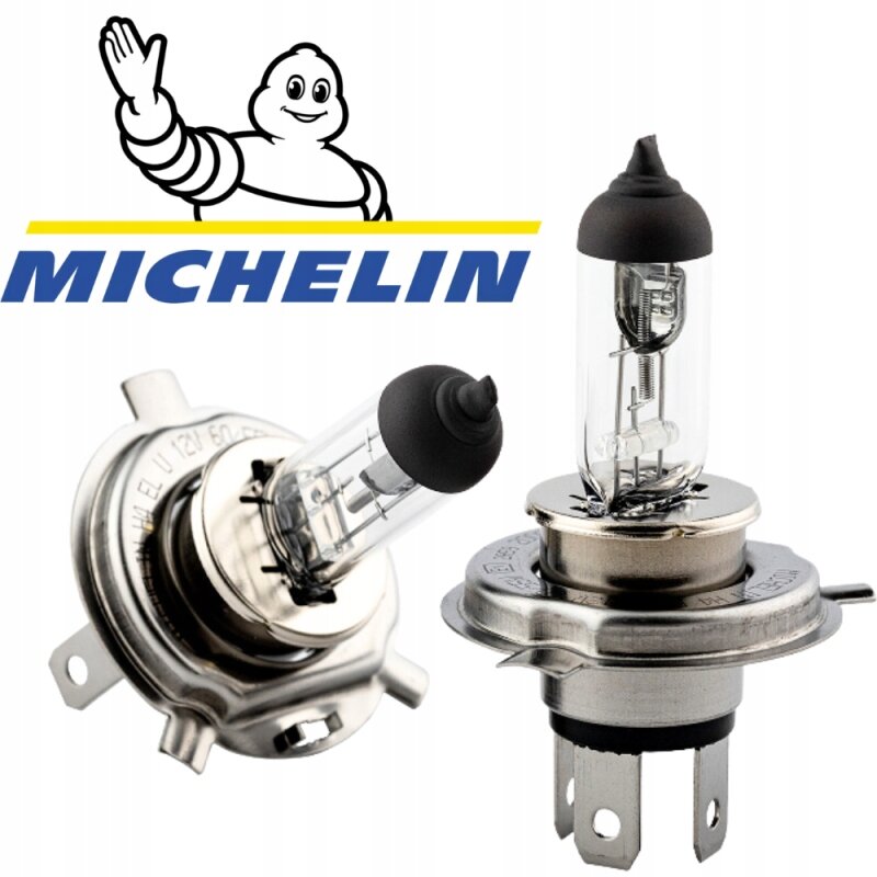 Na obrazie widoczne są dwie żarówki samochodowe z metalowymi podstawami i szklanymi bańkami. W tle znajduje się logo Michelin z charakterystyczną postacią i napisem \'MICHELIN\'.