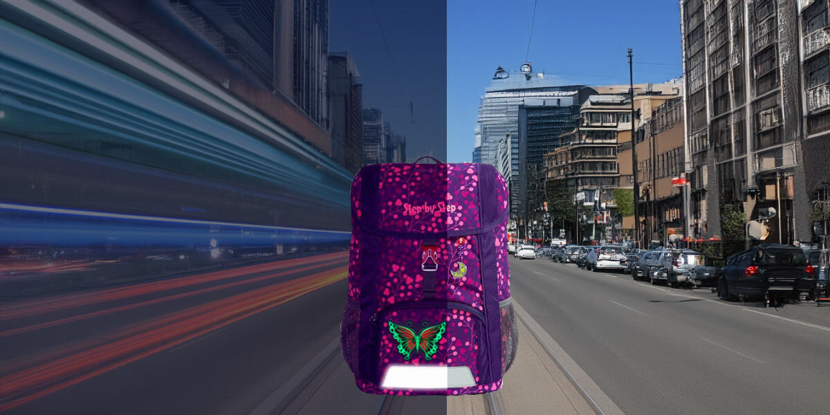 Plecak STEP BY STEP Junior Kid Butterfly Fioletowy Widoczny na drodze odblaskowy nadruk elementy doskonale widoczny