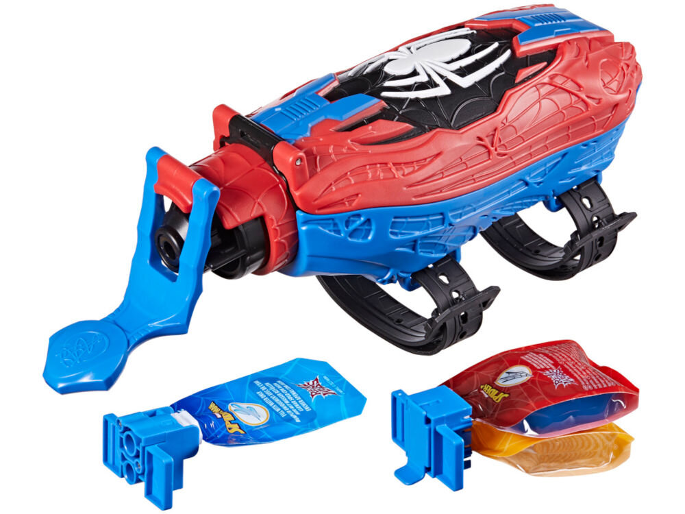 Wyrzutnia HASBRO Marvel Spider-Man Rel Webs F87345L0 Zdjęcie produktowe wyrzutni Nerf Elite 2.0 Prospect QS-4 obok kolorowego opakowania Hasbro. Pudełko zawiera informacje o 8 strzałkach w zestawie oraz funkcjach zabawki, takich jak 4 lufy i celownik. W prawym dolnym rogu widoczne logo Nerf i Hasbro.