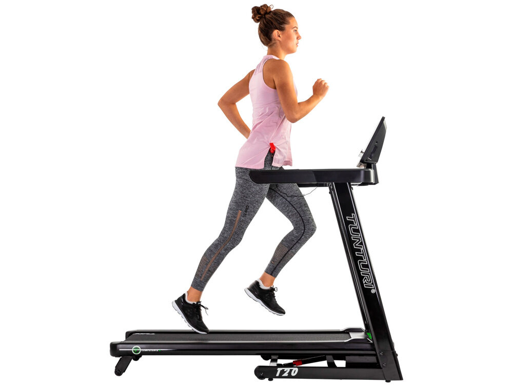 Bieżnia elektryczna TUNTURI Competence T20 2570W 16km-h silnik moc 2570 W plynna praca predkosc do 12 km/h system amortyzacji T-Flex szeroki pas biezny wymiary 45 x 125 cm regulowany kat nachylenia pasa biegowego do 12%