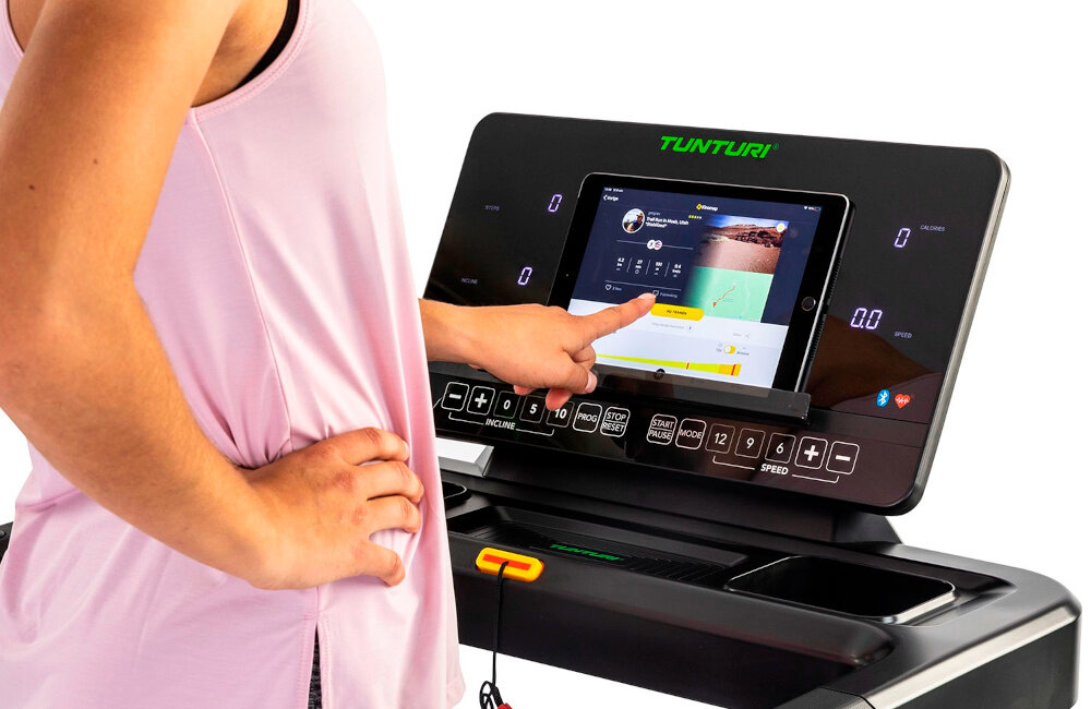 Bieżnia elektryczna TUNTURI Competence T20 2570W 16km-h kompatybilnosc z aplikacjami Tunturi Routes, Kinomap, Zwift, Anyrun na systemy Android i iOS monitoring postepow w czasie rzeczywistym wirtualne trasy z calego swiata