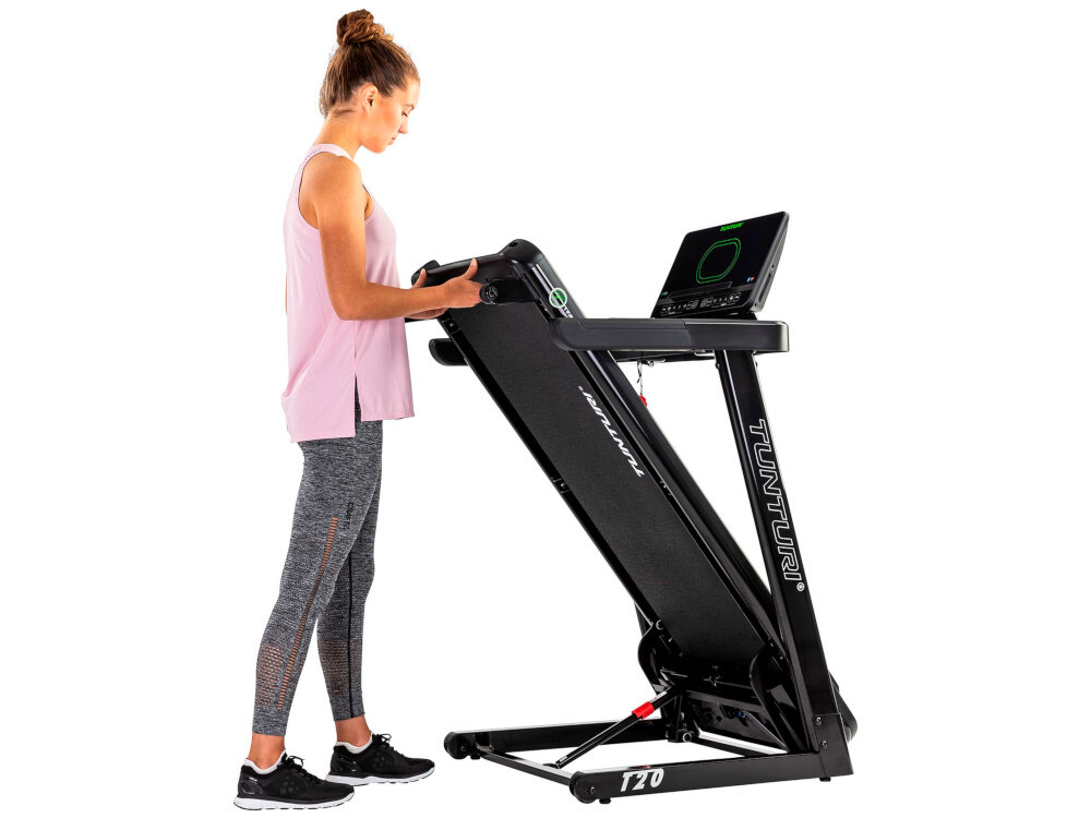 Bieżnia elektryczna TUNTURI Competence T20 2570W 16km-h mozliwosc zlozenia do wymiarow 74 x 139 x 87 cm wbudowane rolki transportowe przechowywanie w pionie w poziomie wydajna latwa w obsluga przemyslane rozwiazanie