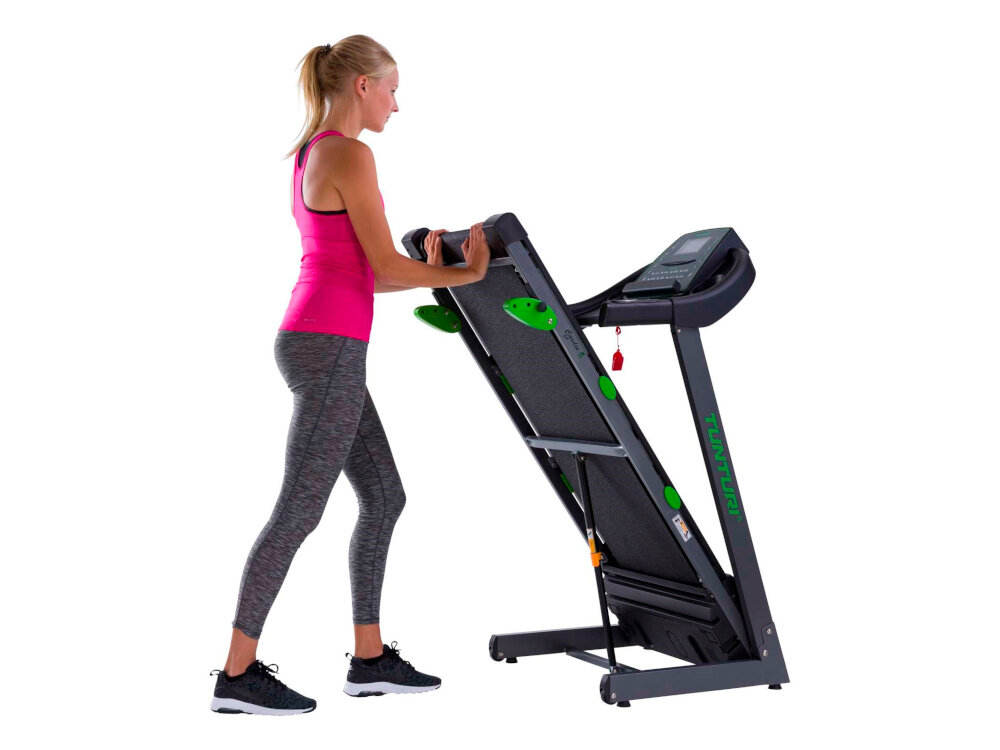 Bieżnia elektryczna TUNTURI Cardio Fit T30 1100W 12km-h mozliwosc zlozenia do wymiarow 69 x 134 x 86 cm wbudowane rolki transportowe przechowywanie w pionie w poziomie wydajna latwa w obsluga przemyslane rozwiazanie