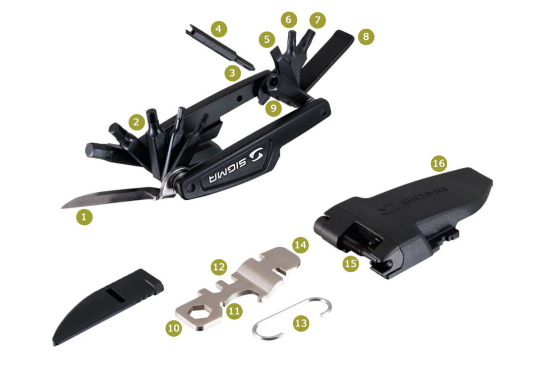 Klucz rowerowy SIGMA Pocket Tool Large Szeroka gama funkcji klucze imbusowe śrubokręty klucz zaworu klucz płaski T20 T25 klucz sześciokątny klucze do nypli
