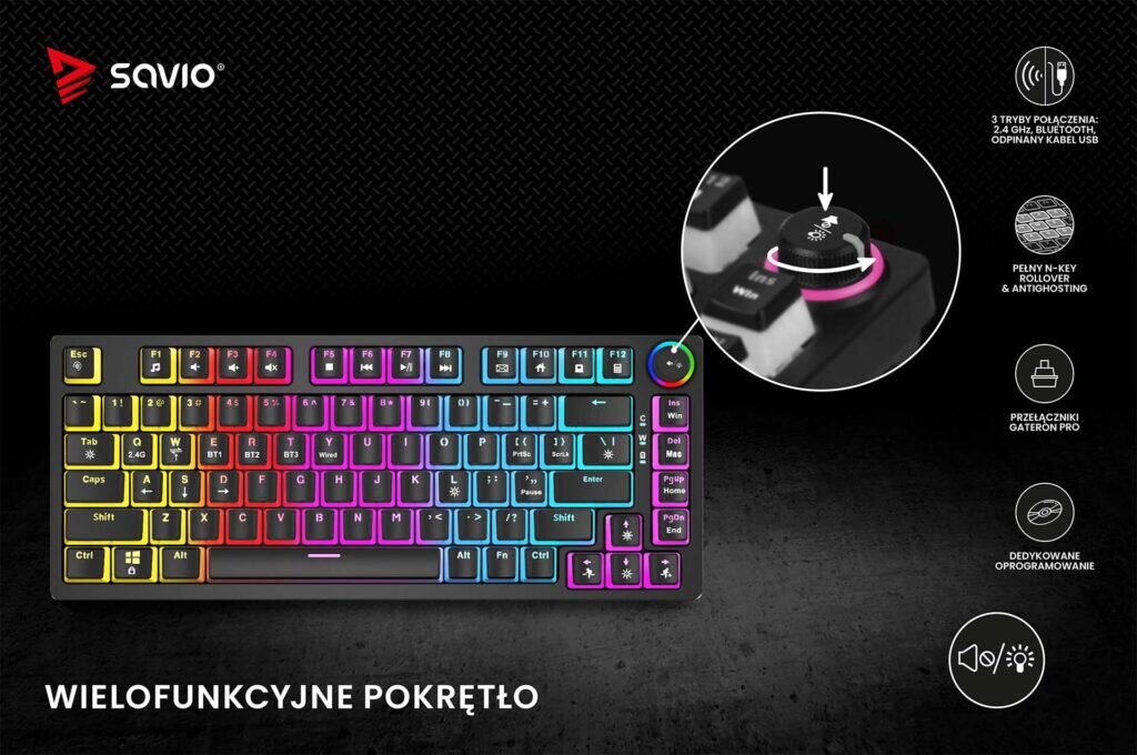 Klawiatura mechaniczna bezprzewodowa Phenix wielofunkcyjne pokrętło