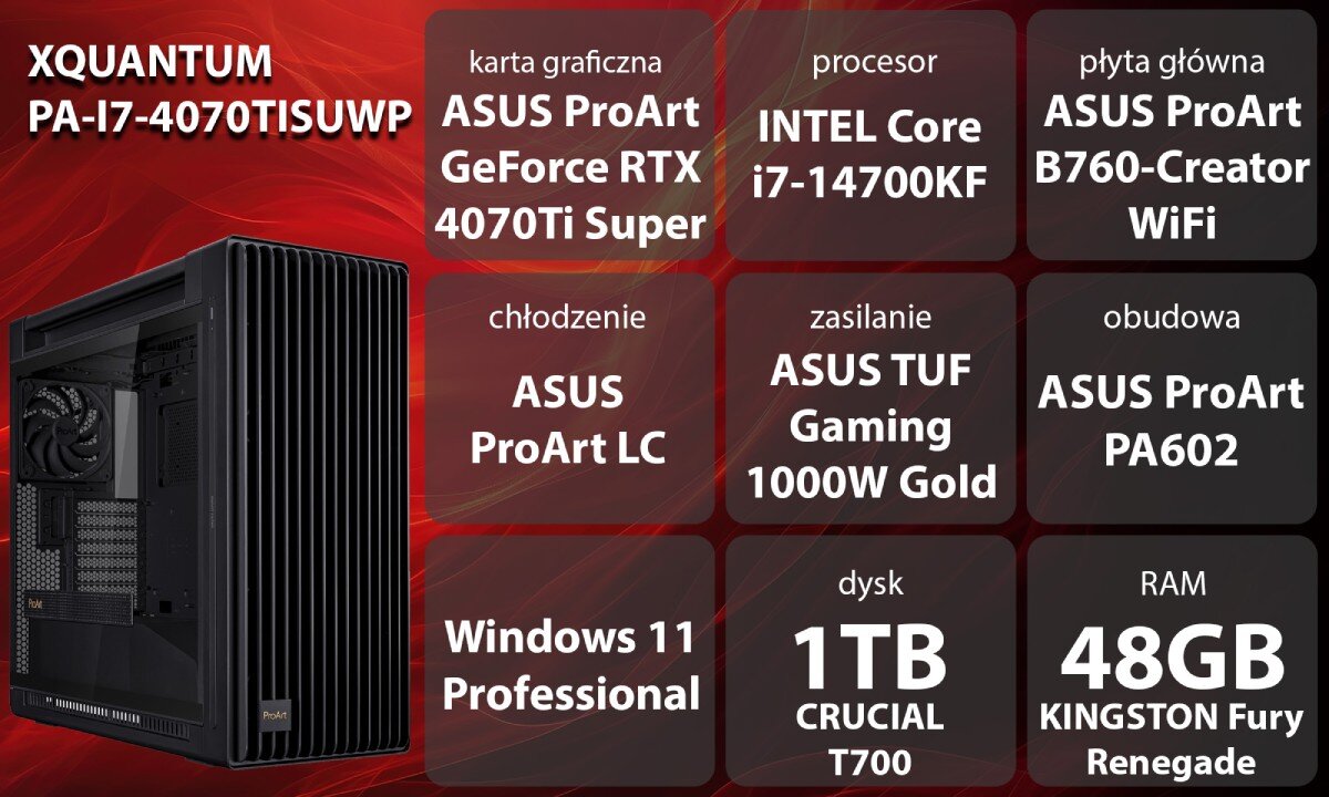 Komputer XQUANTUM ProArt GeForce RTX Studio PA-I7-4070TISUWP i7-14700KF 48GB RAM 1TB SSD GeForce RTX4070Ti Super Windows 11 Professional wygląd opis
