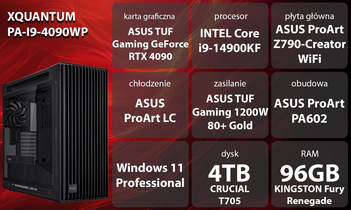 Komputer XQUANTUM ProArt GeForce RTX Studio PA-I9-4090WP i9-14900KF 96GB RAM 4TB SSD GeForce RTX4090 Windows 11 Professional wygląd opis