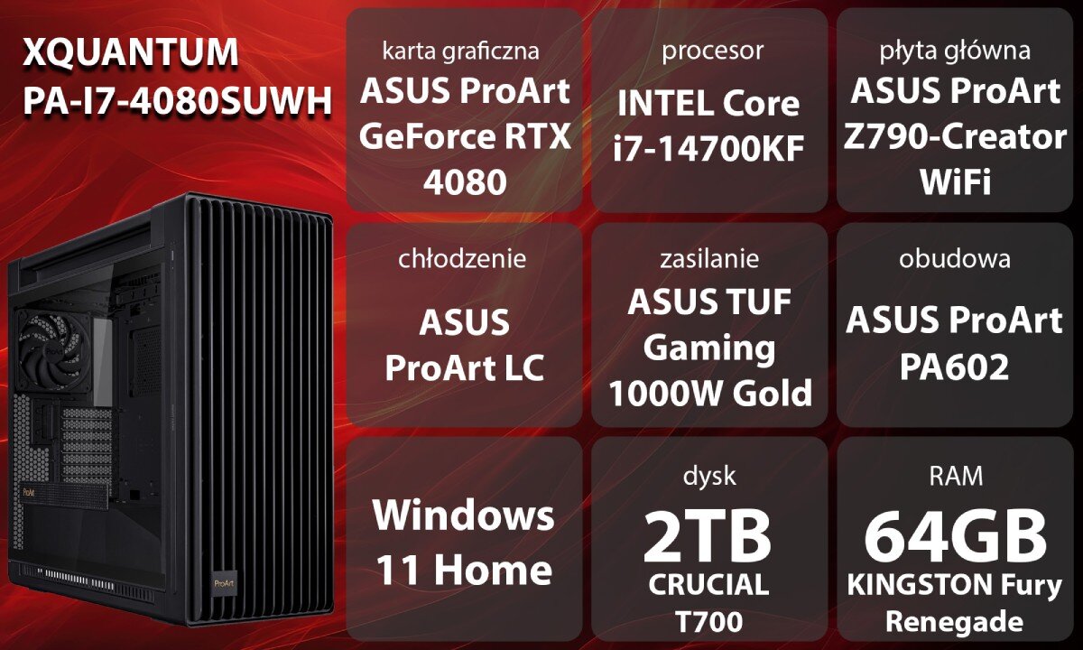 Komputer XQUANTUM ProArt GeForce RTX Studio PA-I7-4080SUWH i7-14700KF 64GB RAM 2TB SSD GeForce RTX4080 Super Windows 11 Home wygląd opis