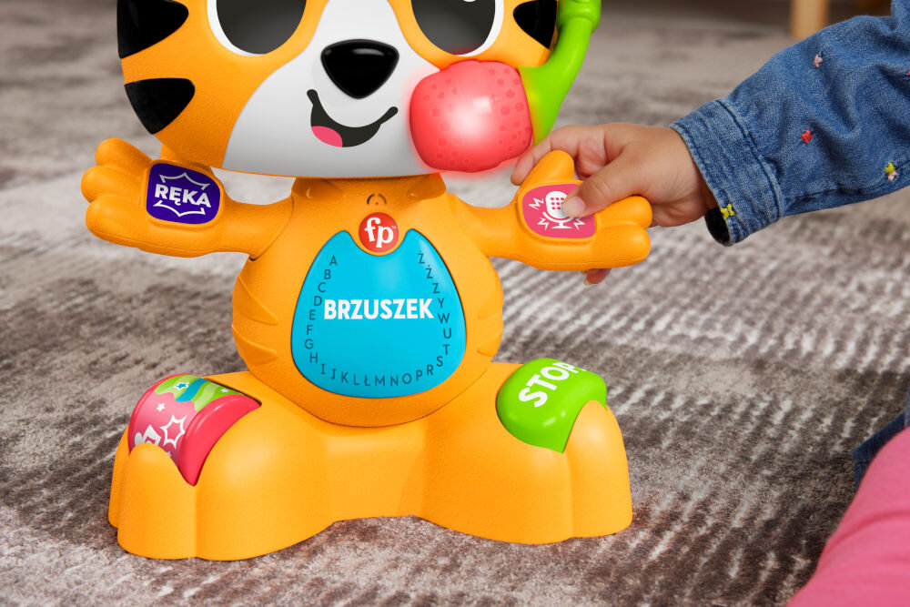 Zabawka interaktywna FISHER PRICE Link Squad Tygrysek Taniec i nauka HYL33 ponad 50 różnych aktywacji piosenki dźwięki wypowiedzi nauka o częściach ciała naciskanie przycisków na ciele interaktywne reakcje główka się rusza mikrofon podświetla się w rytm muzyki bawi uczy wspiera rozwój umiejętności rozumienia przyczyny i skutku uczy podstawowych słów