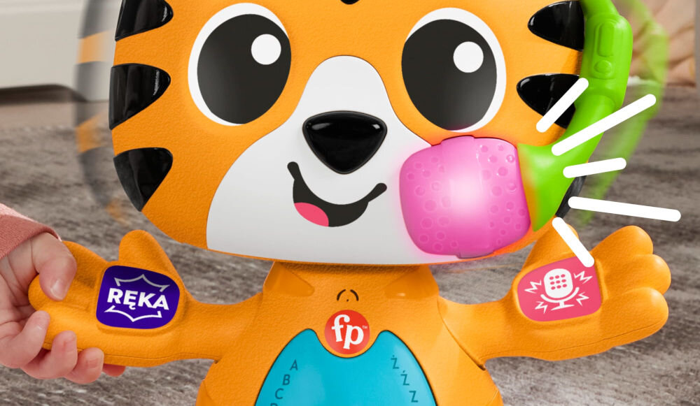 Zabawka interaktywna FISHER PRICE Link Squad Tygrysek Taniec i nauka HYL33 możliwość nagrywania własnych wiadomości odtworzenie w formie zabawnego remiksu wyrażanie kreatywności rozwijanie zdolności komunikacyjnych element twórczości swobodne eksperymentowanie z dźwiękami i muzyką