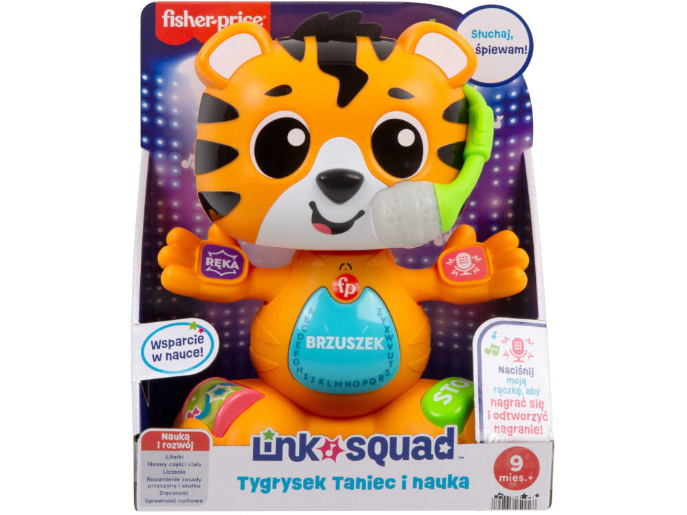 Zabawka interaktywna FISHER PRICE Link Squad Tygrysek Taniec i nauka HYL33 prezent dla malucha interaktywne funkcje muzyczne światełka edukacyjne treści na urodziny święta bożego narodzenia dzień dziecka mnóstwo radości łączenie nauki i zabawy niezapomniany zestaw