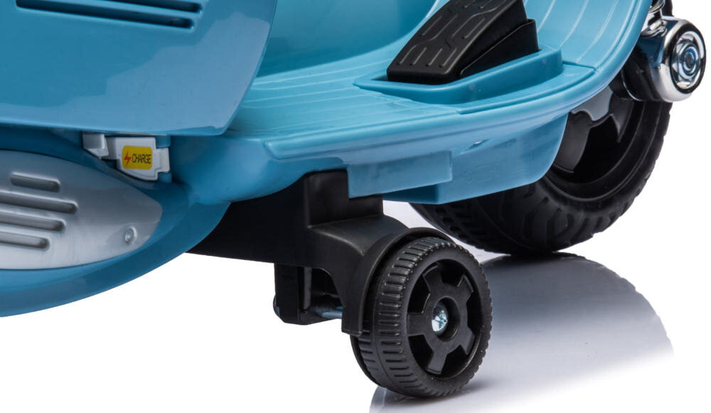 Motorek elektryczny SUN BABY Scooter Vespa Niebieski dwa kolka z wysokiej jakosci tworzywa sztucznego gruby bieznik dwa kolka boczne ochrona przed wywroceniem sie motorka na bok
