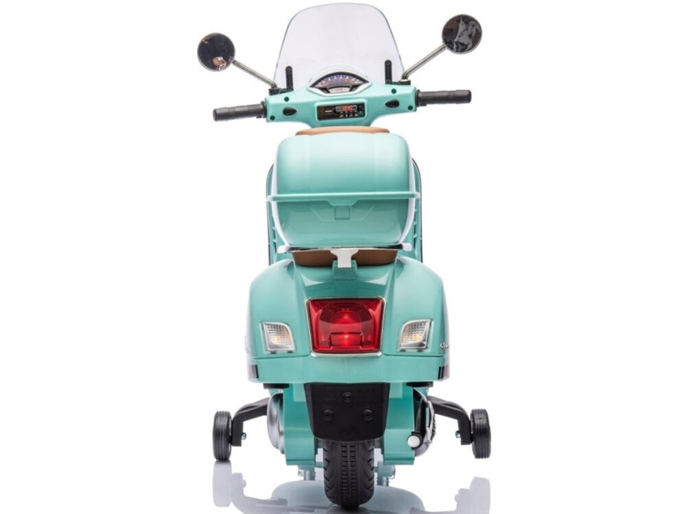 Motorek elektryczny MILLY MALLY Vespa GTS Super Miętowy dwa wbudowane akumulatory zelowe napiecie 2 x 6 V pojemnosc 2,5 Ah maksymalna predkosc od 2 do 3 km/h ladowarka czas ladownia okolo 9-10 godzin