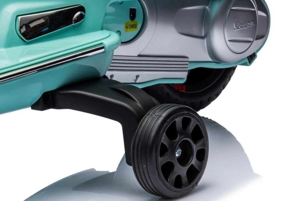 Motorek elektryczny MILLY MALLY Vespa GTS Super Miętowy dwa kolka o srednicy 22 cm z wysokiej jakosci tworzywa sztucznego dwa kolka boczne ochrona przed wywroceniem solidne metalowe osie kola z terenowym bieznikiem certyfikat CE bezpieczny wytrzymaly