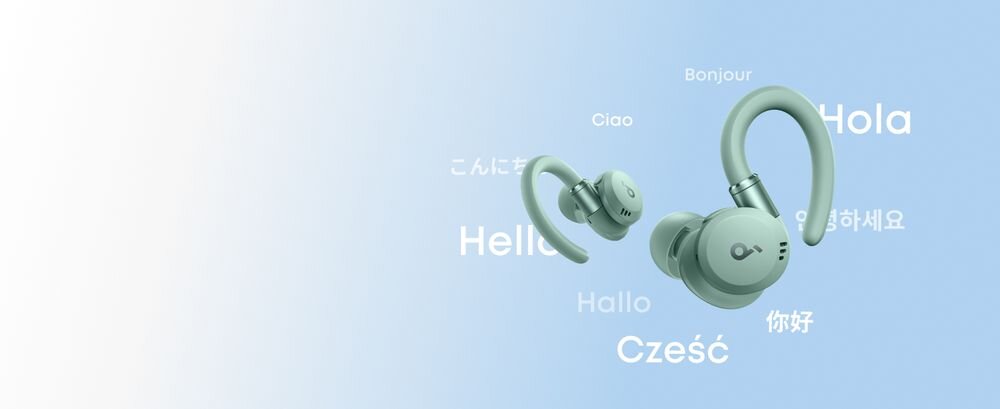 SOUNDCORE Sport X20 ANC AI tłumacz na żywo ponad 100 języków aplikacja Soundcore napisy w czasie rzeczywistym, słuchawki na błękitnym tle