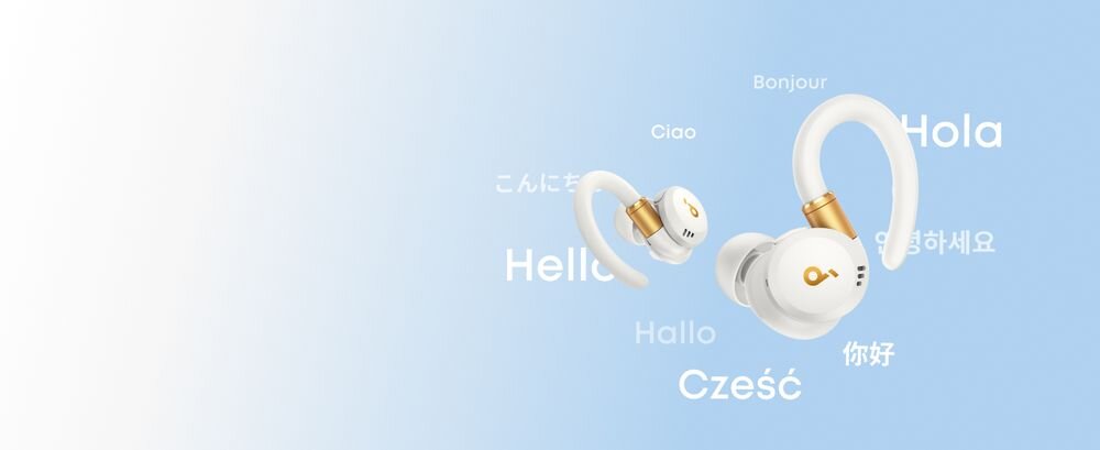 SOUNDCORE Sport X20 ANC AI tłumacz na żywo ponad 100 języków aplikacja Soundcore napisy w czasie rzeczywistym, słuchawki na błękitnym tle