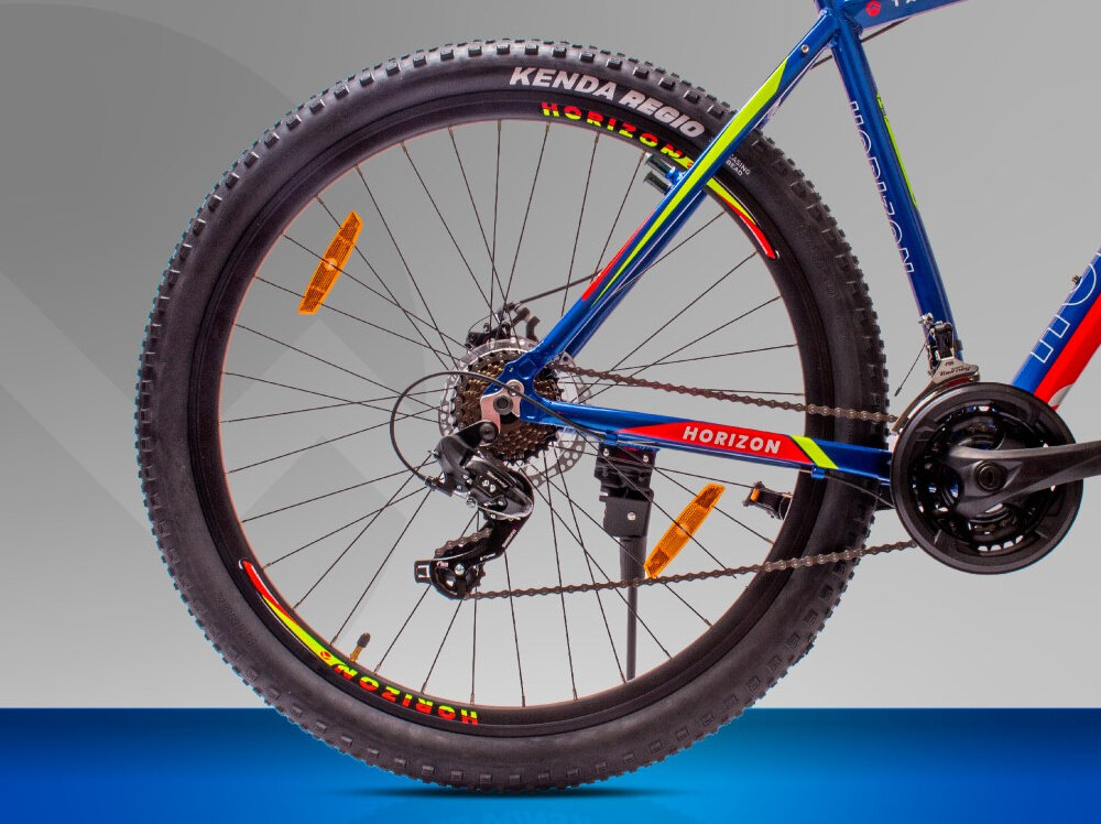 Rower górski MTB HORIZON Tatra Bikes U18 29 cali Niebiesko-pomarańczowy 21 biegow przednia i tylna przrzutka SHIMANO Tourney duza wytrzymalosc sprawne dzialanie plynna bezproblemowa zmiana biegow