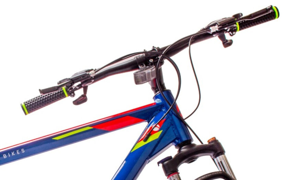 Rower górski MTB HORIZON Tatra Bikes U18 29 cali Niebiesko-pomarańczowy kierownica stalowa marka Suncross aluminiowy wspornik lekkosc niezawodnosc sportowy charakter manetki specjalny atyposlizgowy material 