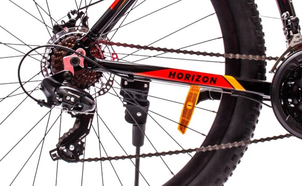 Rower górski MTB HORIZON Tatra Bikes U18 29 cali Czarno-czerwony 21 biegow przednia i tylna przrzutka SHIMANO Tourney duza wytrzymalosc sprawne dzialanie plynna bezproblemowa zmiana biegow