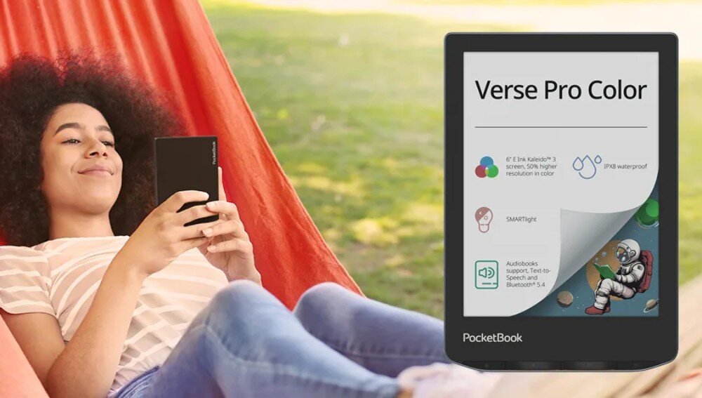 Czytnik e-booków POCKETBOOK Verse Pro Color Widok z góry na kobietę z burzą kręconych włosów, uśmiechającą się podczas czytania w czerwonym hamaku. Po prawej, zbliżenie na czytnik, podświetlenie, regulacja