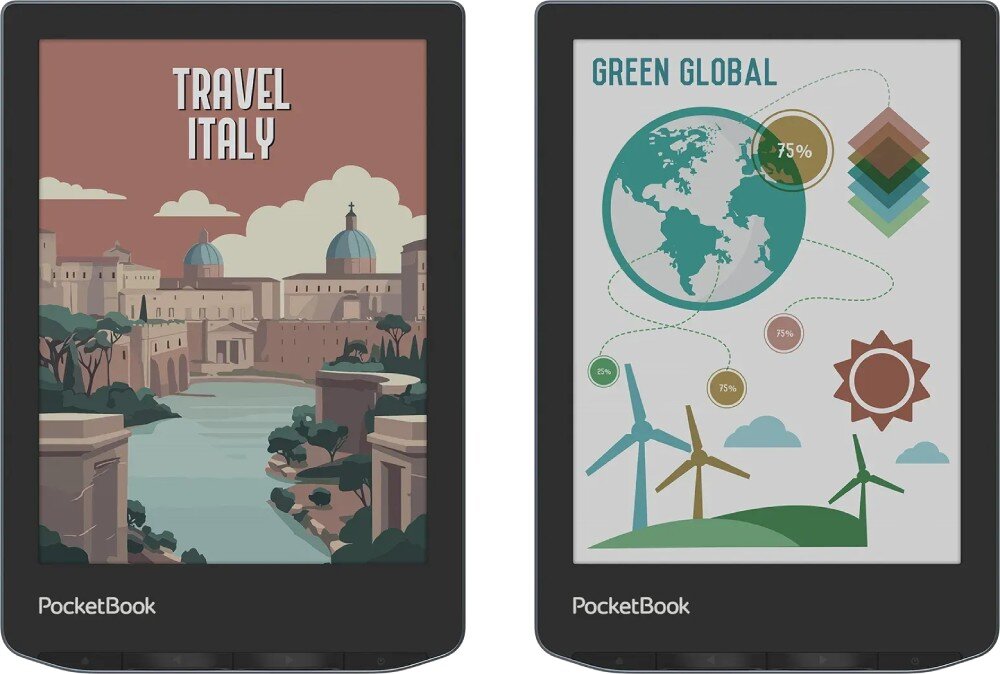 Czytnik e-booków POCKETBOOK Verse Pro Color Dwa czytniki e-booków obok siebie. Lewy pokazuje ilustrację 'TRAVEL ITALY'. Prawy pokazuje infografikę 'GREEN GLOBAL' o ekologii, procesor, pamięć, obsługa formatów